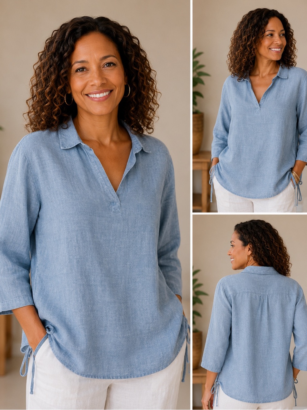 Isaac Mizrahi Linenblend Blue V-Neck 3/4 Sleeve Tunic Side-tie Coastal Boho 2X